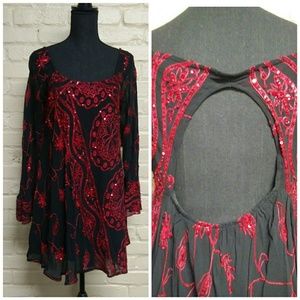 Free People | Rare Sequin Boho Dress Black Red